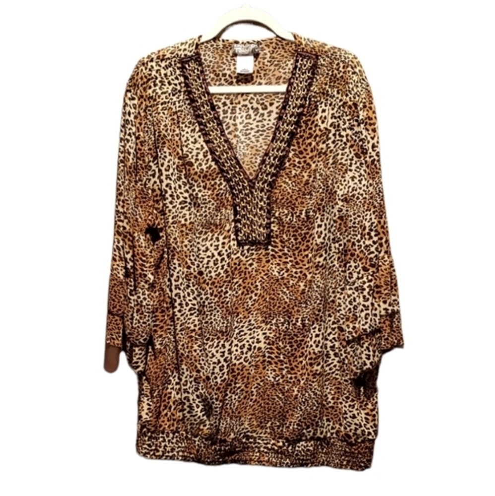 Evolution Leopard Print Tan Brown Blouse Top Jewel Neckline Plus‎ Size 3X Women